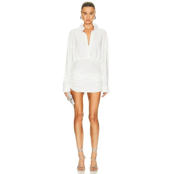 Norma Kamali Dresses & Skirts - Norma Kamali Oversized Shirt Shirred Bottom Mini Dress Snow White